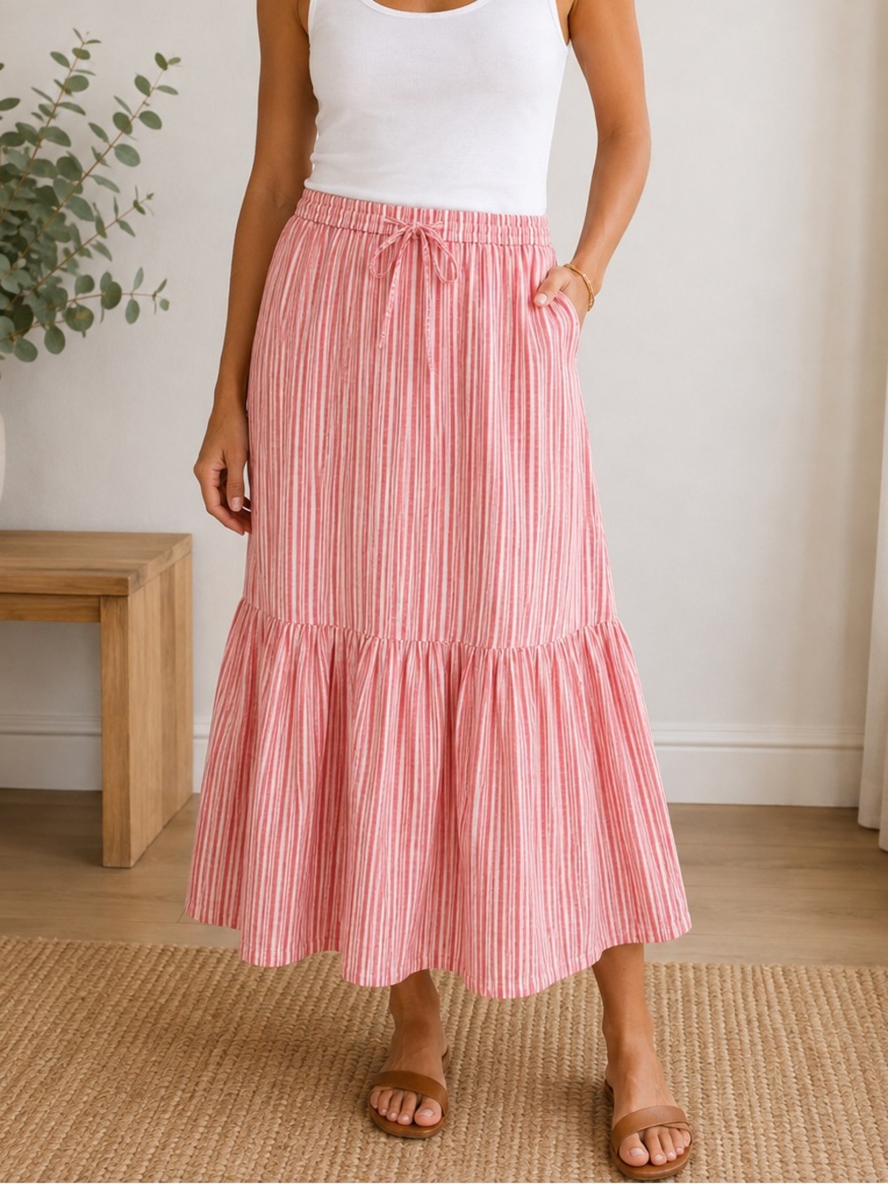 Talbots Linen-blend Pink and White Striped Tiered Drawstring Skirt